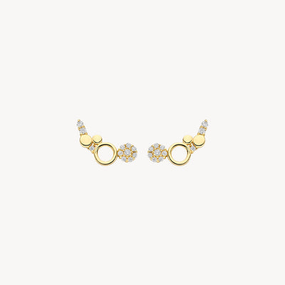 14k gold stud earrings combined with small Zirconia stones and round circle shapes.
