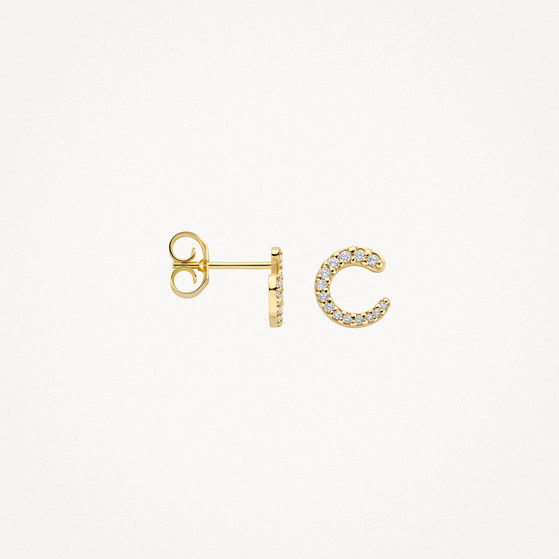 14k goud oorknopje met halve cirkel bezet met zirkonia's, minimalistisch design.