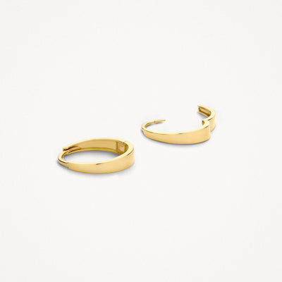 14k gold earrings with smooth, slightly twisted shape and closure at back.