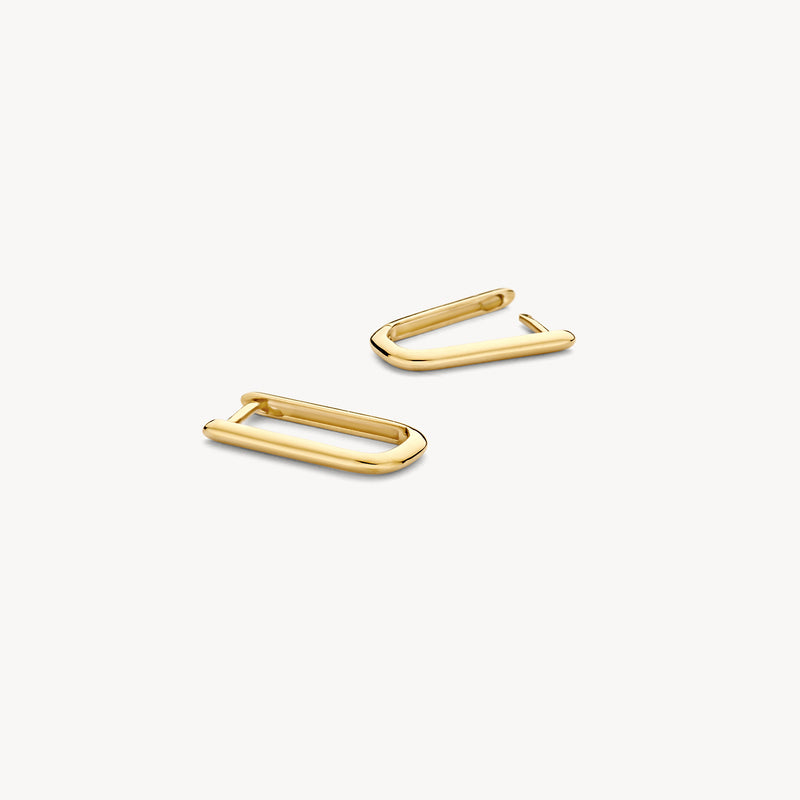 Gouden oorringen 14k goud met rechthoekig ontwerp en zachte afgeronde hoeken.