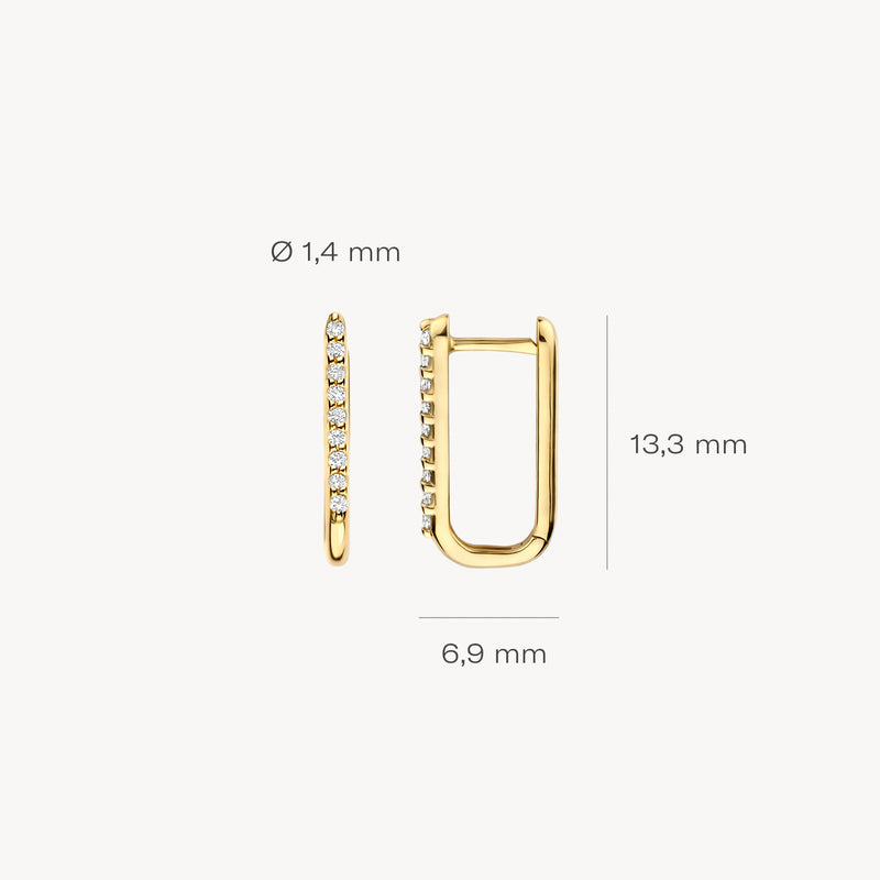 Oorringen van 14k goud met kleine zirkonia, 13,3 mm hoog en 6,9 mm breed.