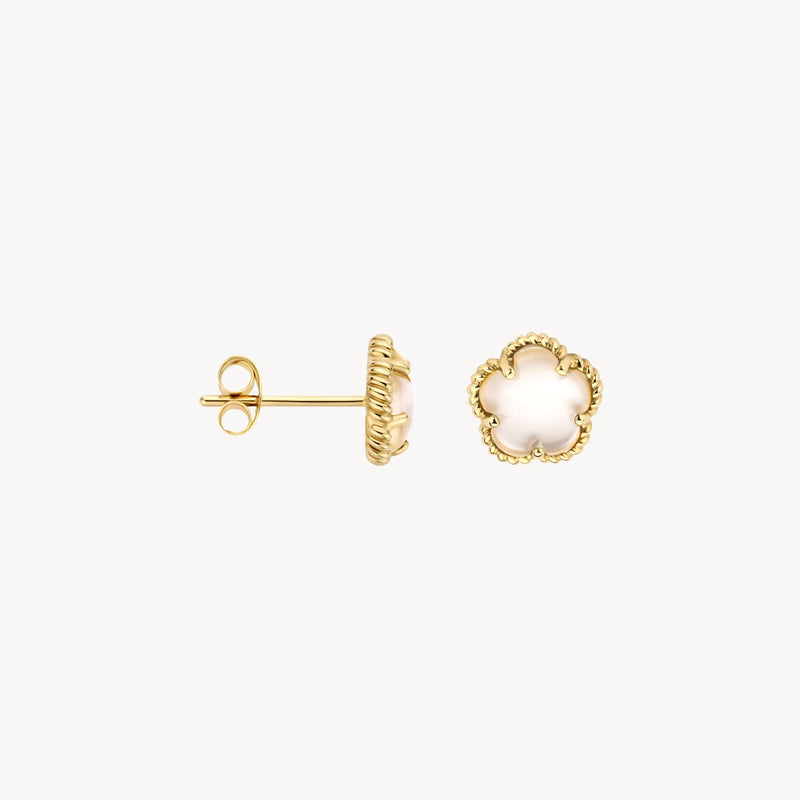 Boucles d'oreilles en or jaune 14 carats avec Nacre blanc, gros plan.