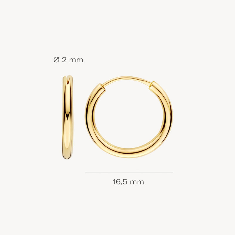 Véritable or jaune 14 carats Créoles, diamètre de 16,5 mm, épaisseur de 2 mm.