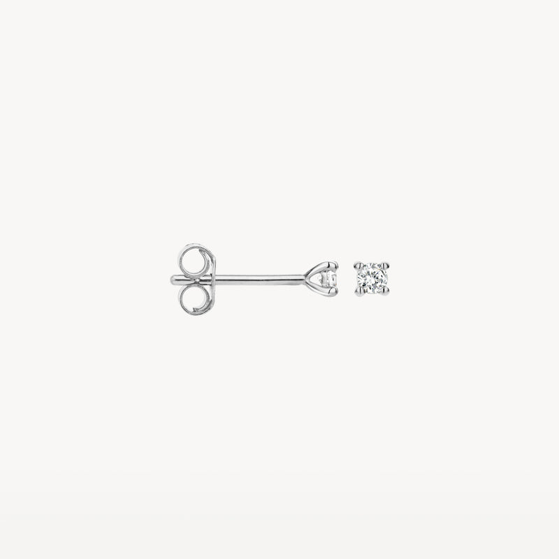 14k wit gouden oorknop met enkele ronde diamant in stevige zetting.
