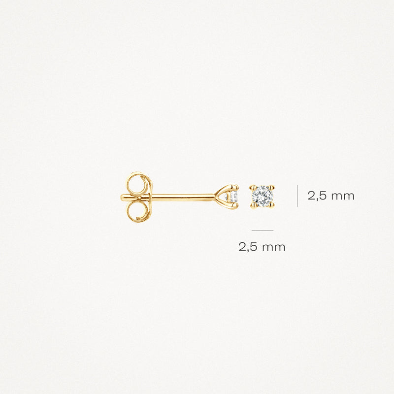 14k geelgouden oorknop met ronde, fonkelende diamant van 2,5 mm diameter.