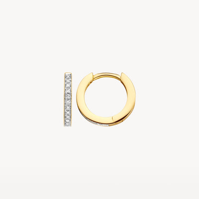 Ronde bicolor oorring met 14k geel en wit goud en rij diamantstenen aan voorkant.