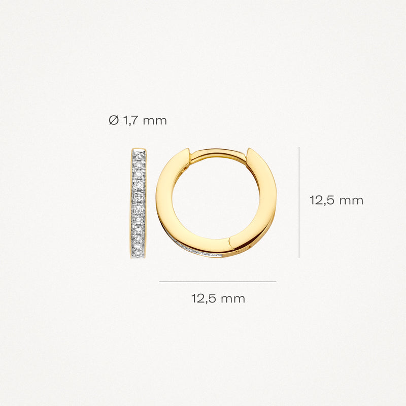 Ronde 14k geelgouden oorringen met diamanten rij aan buitenzijde, 12,5 mm diameter.