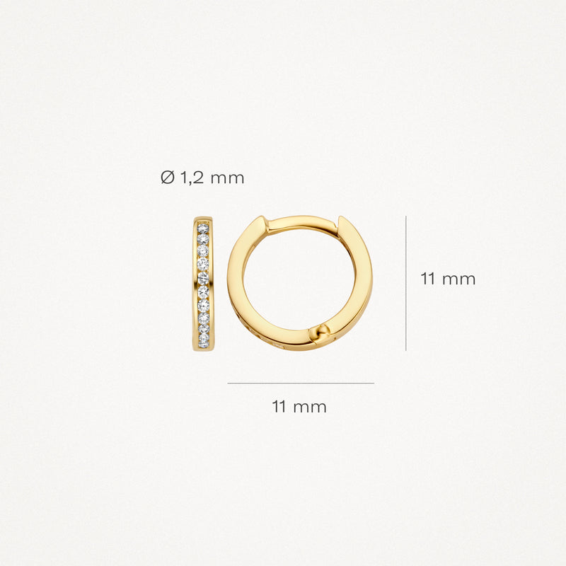 Ronde bicolor gouden oorringen met rij diamant, 14k goud, 11 mm diameter.