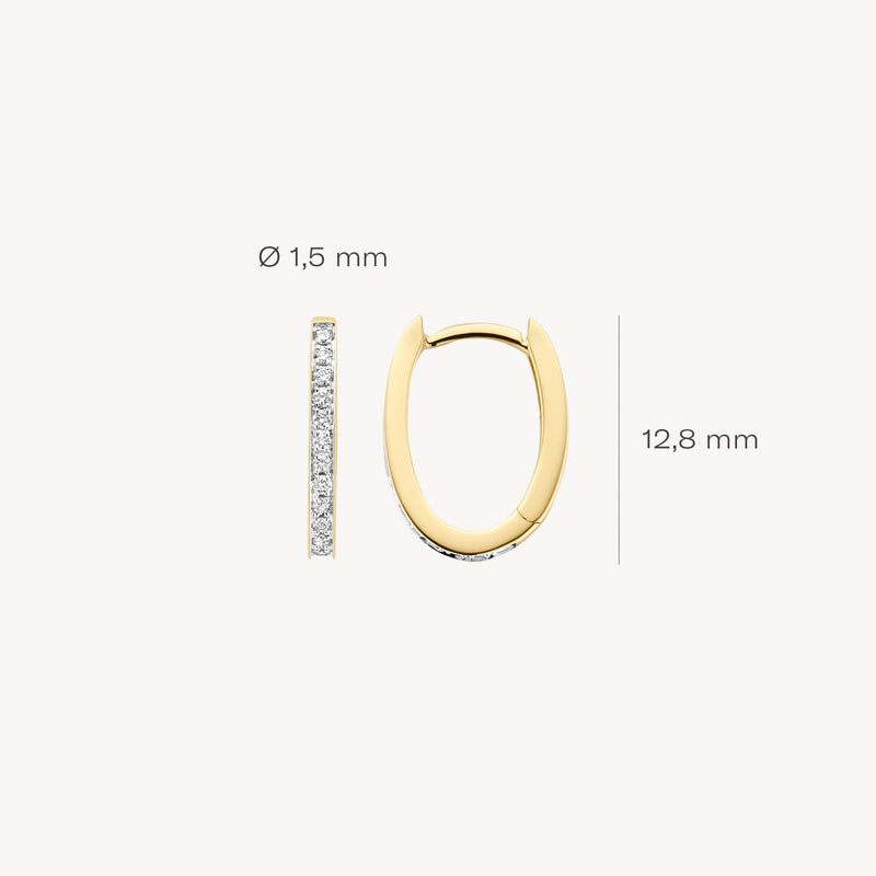 Ovale 14k geelgouden oorringen met rij natuurlijke diamanten, 12,8 x 1,5 mm.