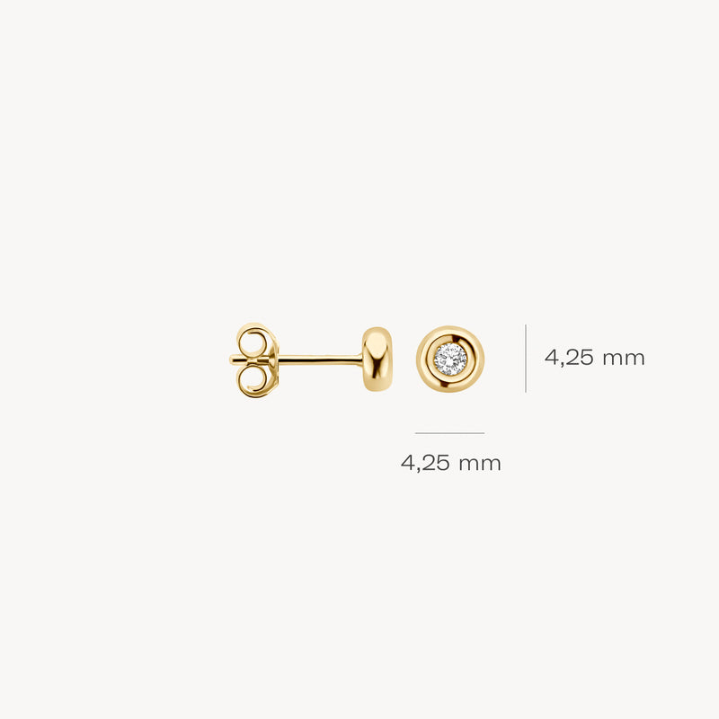 14k geelgouden oorknop met briljant geslepen diamant, 4,25 mm diameter.