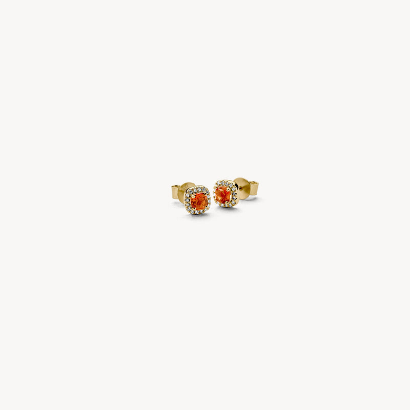 14k geelgouden oorknoppen met ronde citrien en diamantaccenten, bicolor gouddetail.