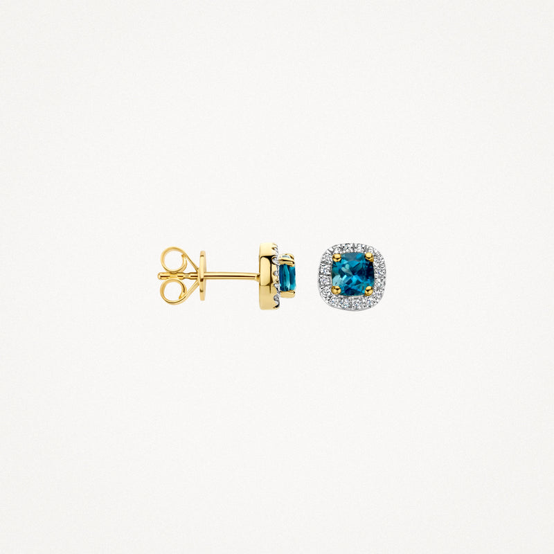 14k geelgouden oorknop met blauwe London Blue topaz en diamanten rondom.