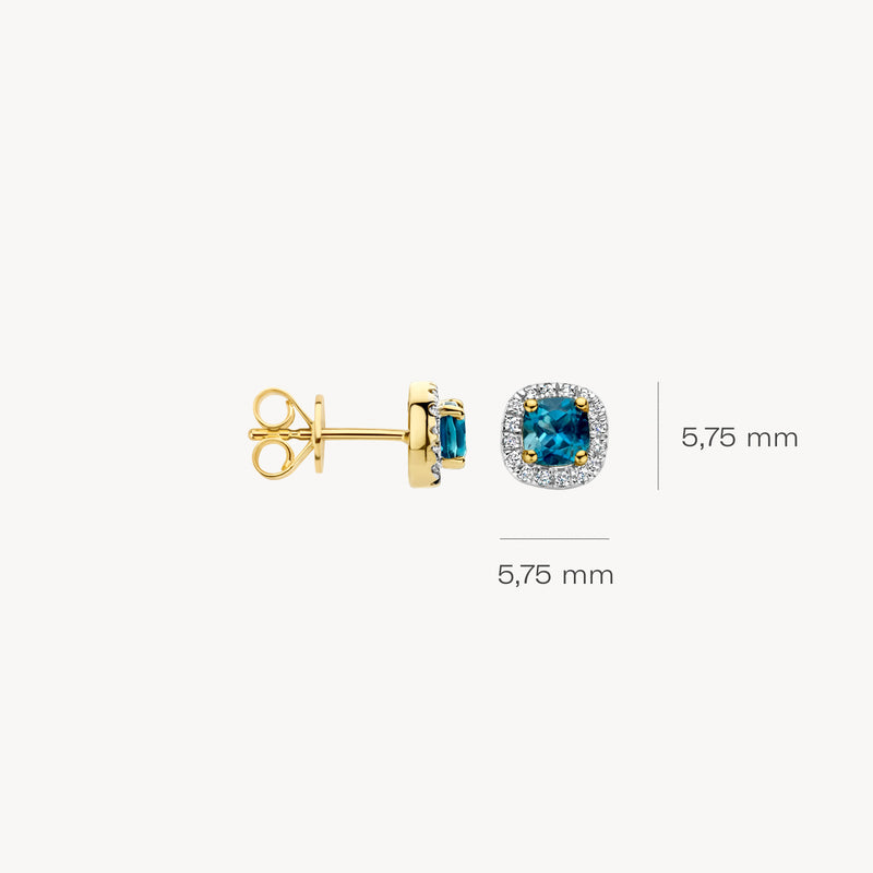 Oorknop van 14k geelgoud met vierkante London Blue topaz en diamanten rondom.