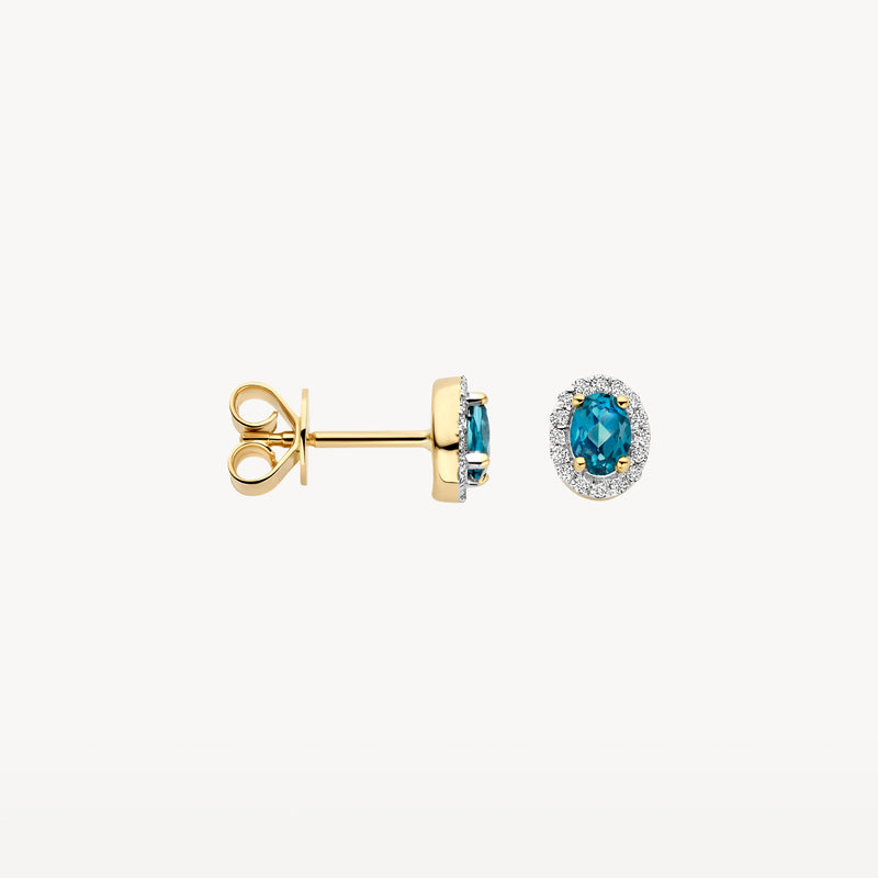 14k geelgouden oorknoppen met ovale London Blue Topaz en omliggende diamanten.