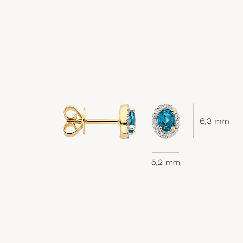 14k geelgouden oorknop met ovale London Blue Topaz en kleine diamanten rondom, 6,3 mm hoog.