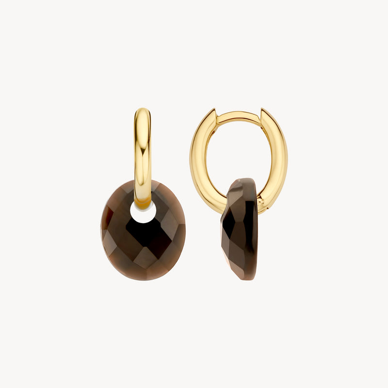 14k gouden oorbellen met ronde smokey quartz hanger met facetten.