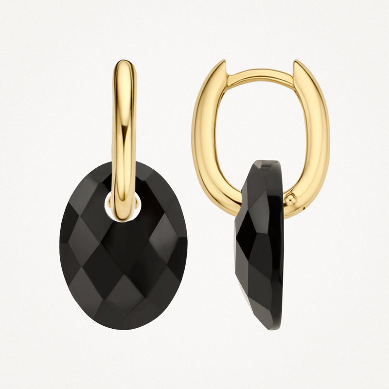Oorbellen met 14k goud en facetgeslepen onyx hangers in ovaalvorm.