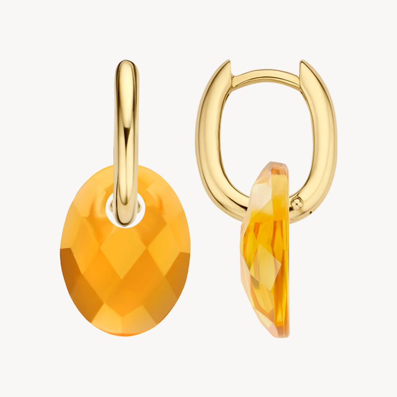 14k Goud oorringen met facetten geslepen citrien hanger in ovaalvorm.