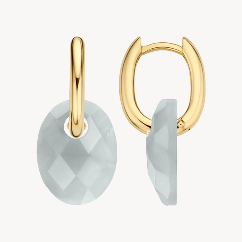 Oorbellen met grijze Agaat en 14k Goud creolen, facet geslepen steen  .