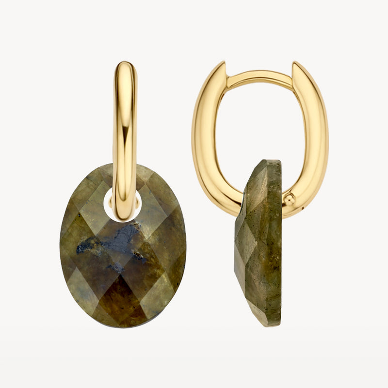 14k Goud oorbedels met facetrond labradoriet hanger, ovaal geslepen.