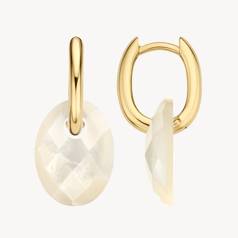 Oorbedels met parelmoer en 14k goud, glanzende ovale hanger aan kleine creolen .