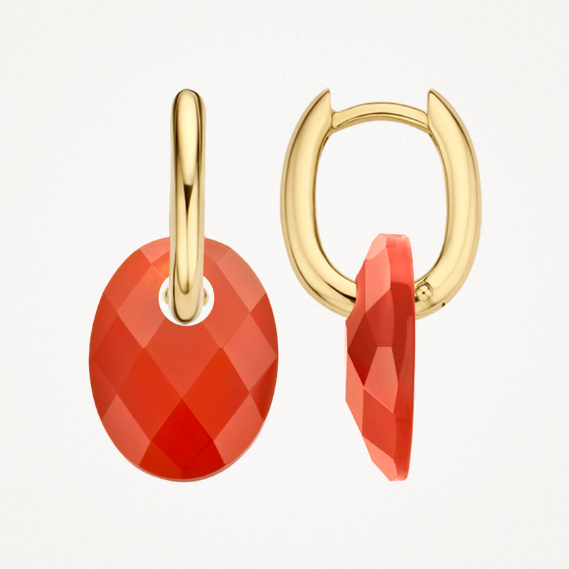 Oorbellen met rode agaat hanger en 14k geelgouden ringslotje.