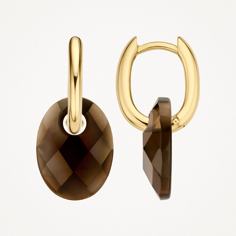Oorbellen met rookkwarts hanger en 14k gouden creolen, gerond en glanzend.