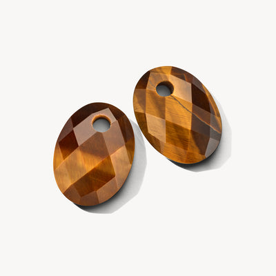 Facetten Oorbedels van Tijgeroog in 14k Goud met ronde uitsparing.