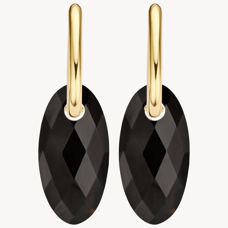 Oorbellen met onyx hangers en 14k geelgouden haken, facetten geslepen ovaal ontwerp.