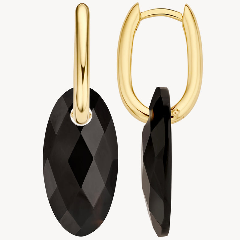 Oorbedels met zwarte onyx en 14k geel goud ronde facetgeslepen hanger.