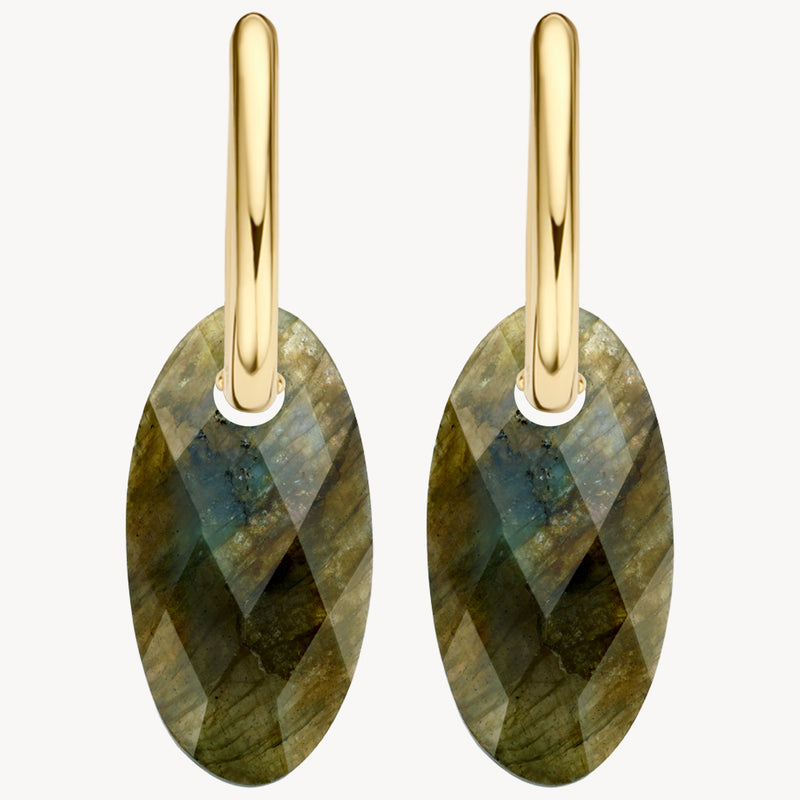 Oorbellen met ovale labradoriet in facetten en 14k goud haken.
