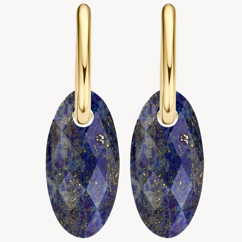 Oorbedels met ovale lapis lazuli en gladde 14k gouden haakjes.