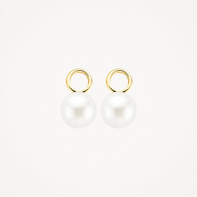 Earrings with round white pearls and 14k yellow gold round pendant eyes.