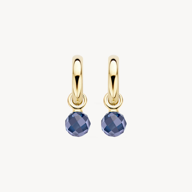 14k geelgouden oorbedels met donkere ronde zirkonia hanger.