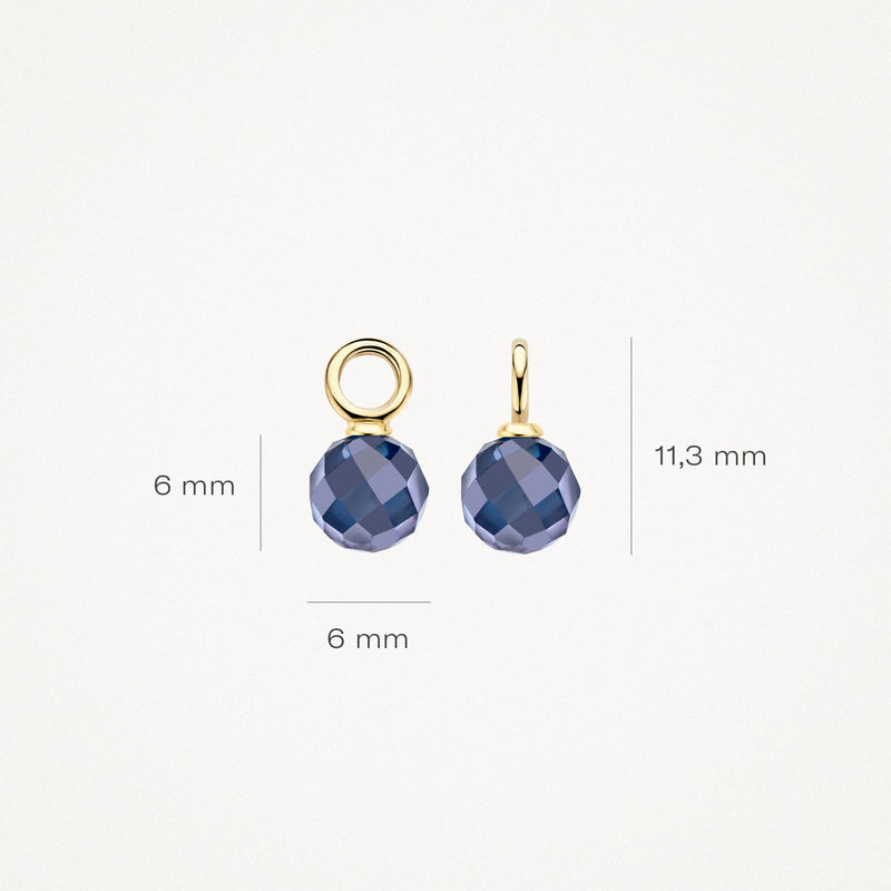 14k Geelgouden oorbedel met ronde blauwe zirkonia, 6 mm diameter, 11,3 mm lang.