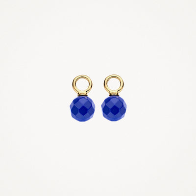 Oorbedels in 14k geelgoud met facetgeslepen lapis lazuli bolletjes.