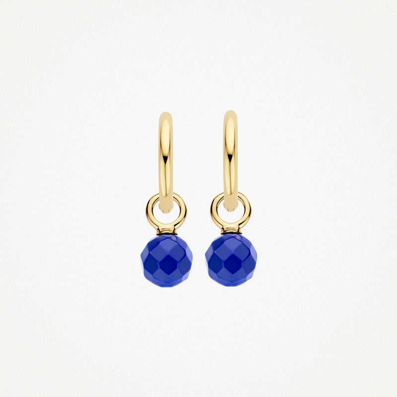 Oorbedels van 14k geelgoud met ronde geslepen lapis lazuli hangers.
