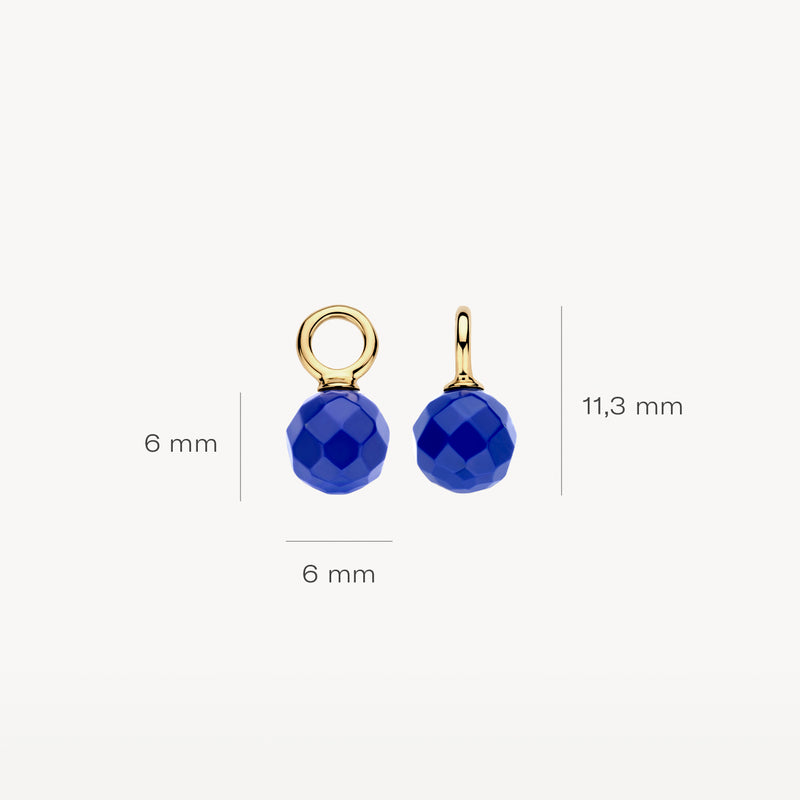 Oorbedel met ronde lapis lazuli in gefacetteerd 6mm ontwerp en 14k geelgouden oogje, 11,3mm lang.