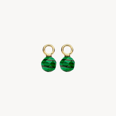 14k geelgouden oorbedels met groene malachiet ronde hanger.