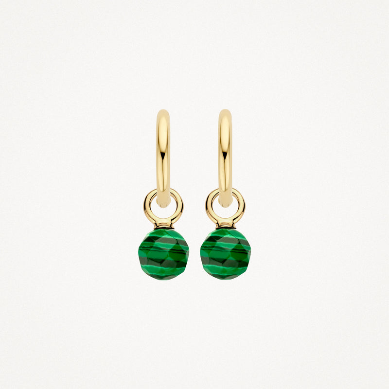 14k geelgouden oorbedels met ronde malachiet hanger in diepe groene tint.