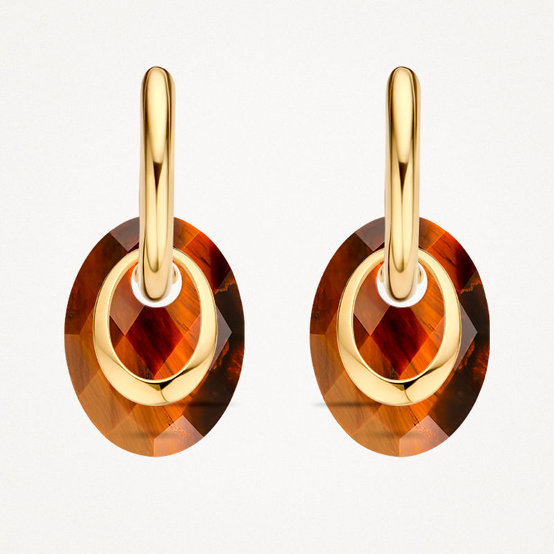 14k geelgouden oorbellen met ovale donkere barnsteenhangers en gladde ringen.