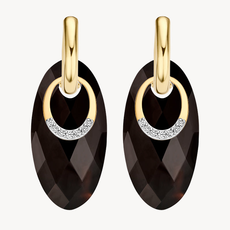 Boucles d'oreilles avec pierre noire facettée et demi-cercle en or jaune 14k et zircone.