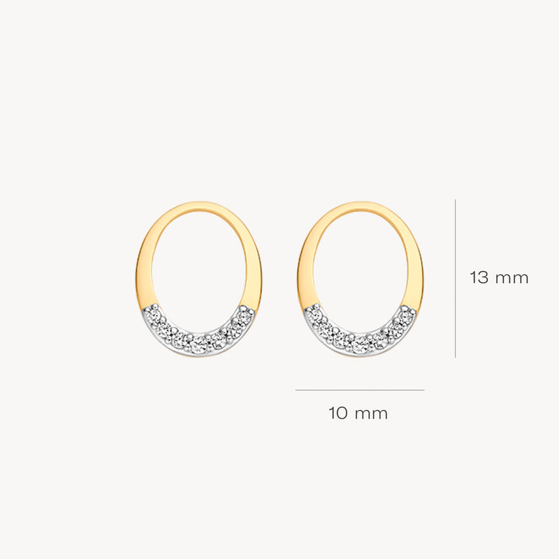 Boucles d'oreilles en or jaune 14k avec des Zircones rondes, 13 mm de haut et 10 mm de large.