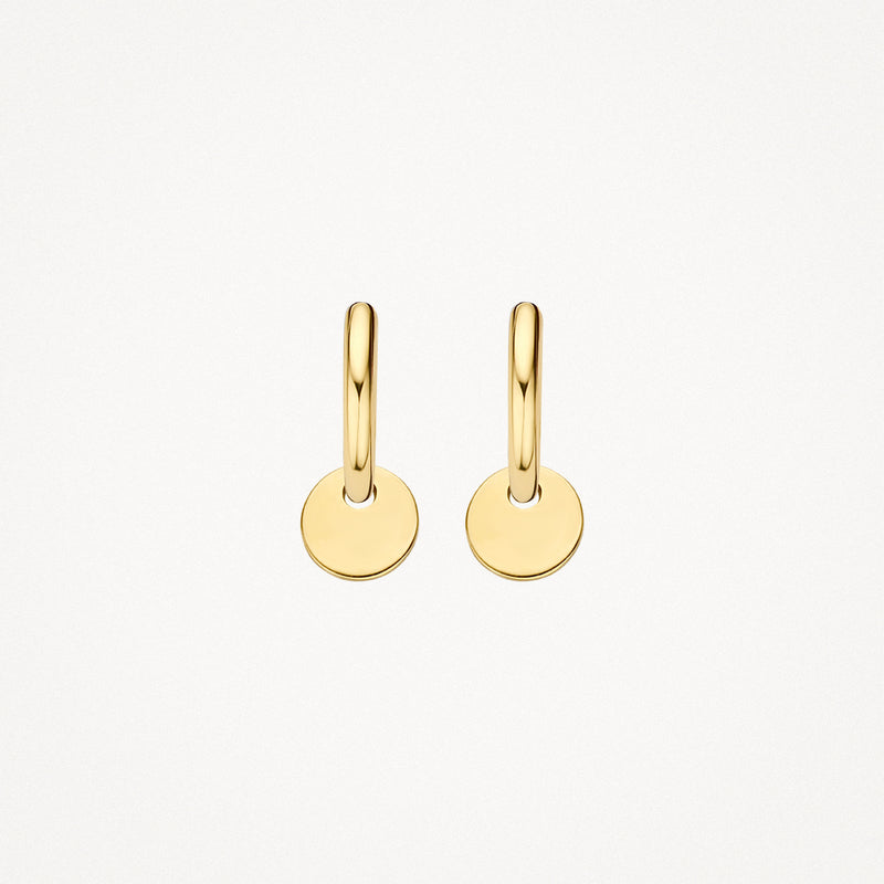 14k goud oorbedels met kleine ronde hangers en glanzende afwerking.