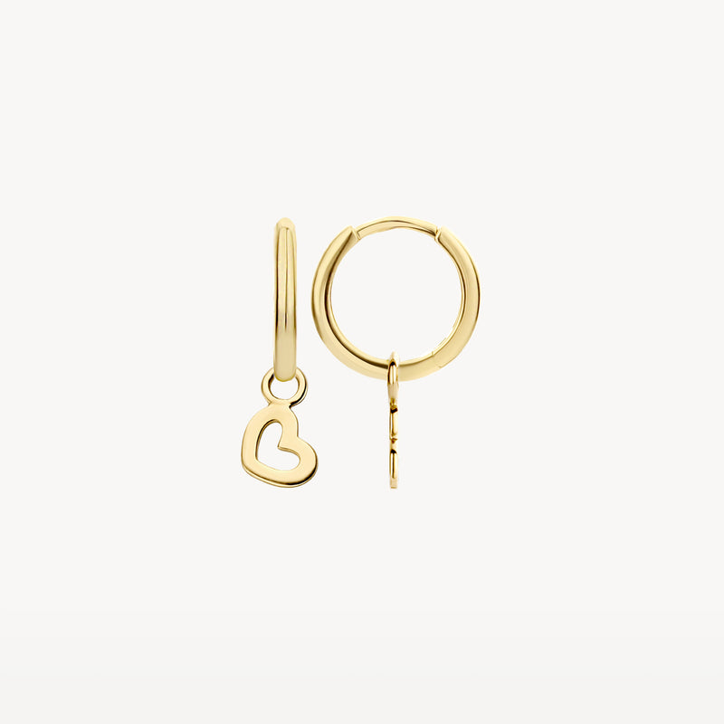 Boucles d'oreilles en or jaune 14k avec cœur ouvert suspendu et fermoir d'angle.
