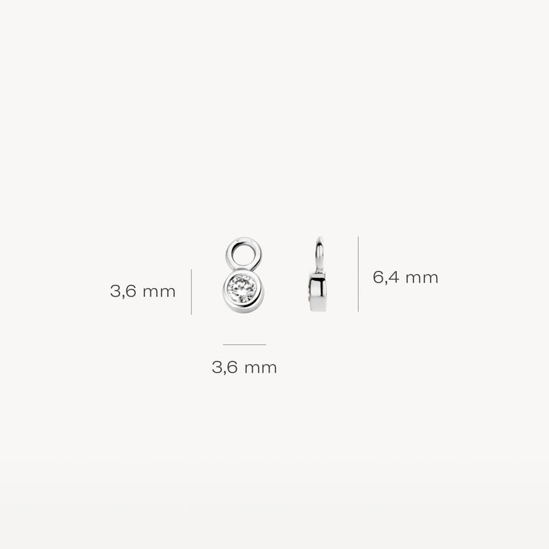14k witgouden oorbedel met ronde zirkonia, 3,6 mm breed en 6,4 mm hoog.