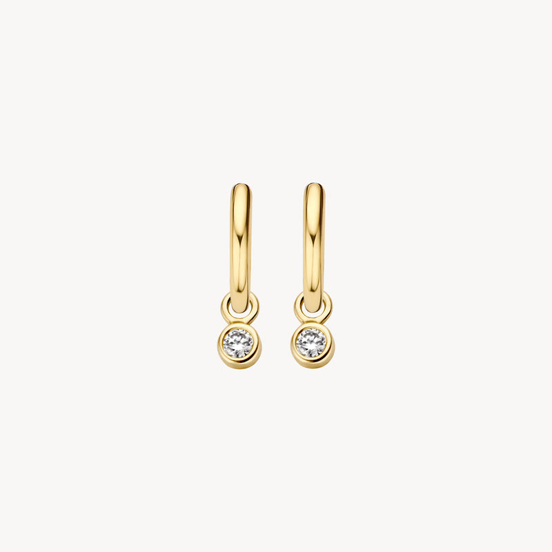 Oorbedels 14k geelgoud met ronde zirkonia hanger, glanzend en verfijnd ontwerp.