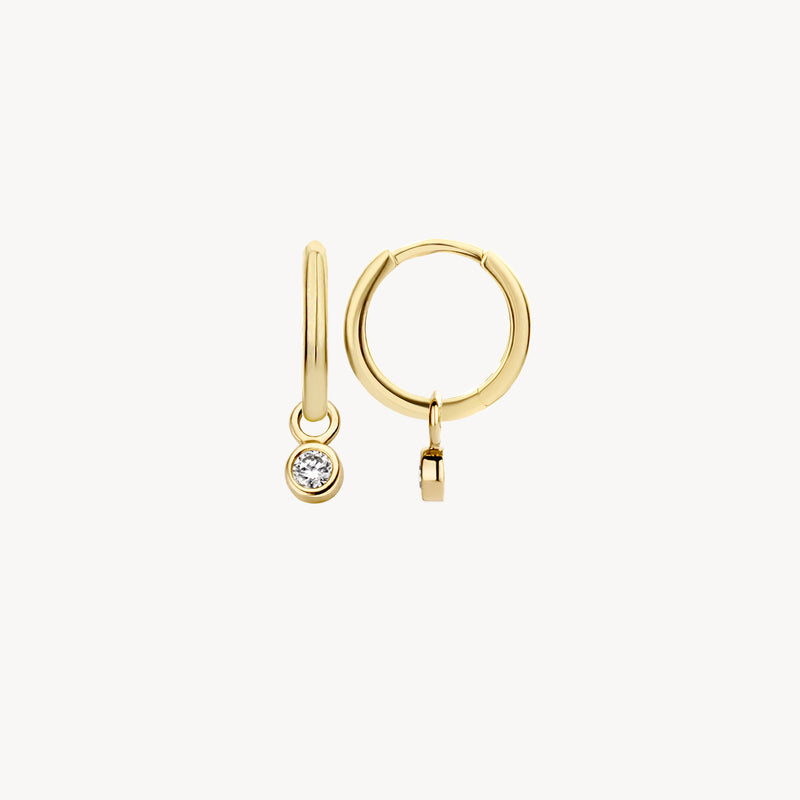 Gouden oorringen met zirkonia hanger in 14k goud, glanzende afwerking.
