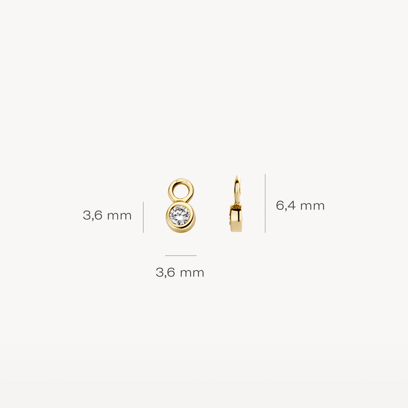 14k geelgouden oorbedel met ronde zirkonia, 3,6 mm breed, 6,4 mm hoog.