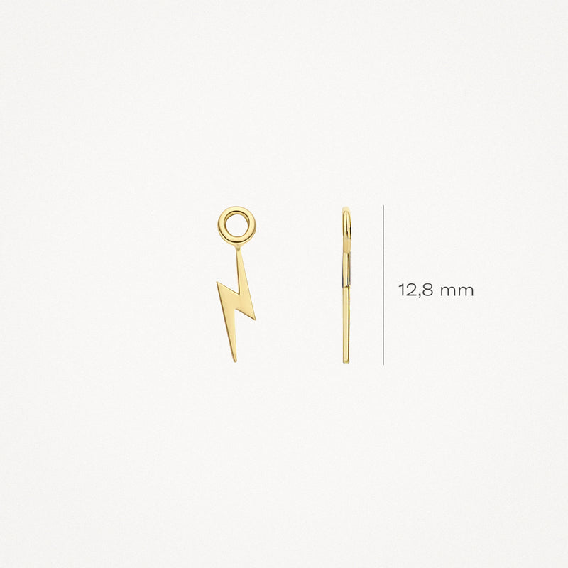 14k geelgouden oorbedel in bliksemvorm met ronde ophanging, 12,8 mm lang.